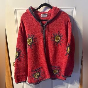 Handmade Ecuador Wool Blend Zip Hoodie Sweater-Sun Motif - Red Boho Festival